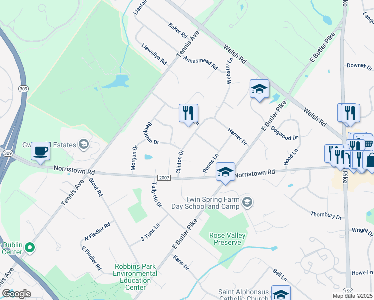 map of restaurants, bars, coffee shops, grocery stores, and more near 1726 Clinton Drive in Ambler