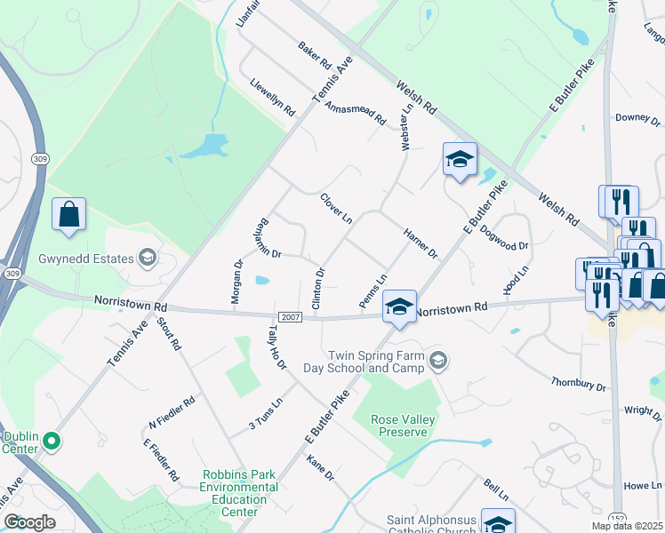 map of restaurants, bars, coffee shops, grocery stores, and more near 1726 Clinton Drive in Ambler