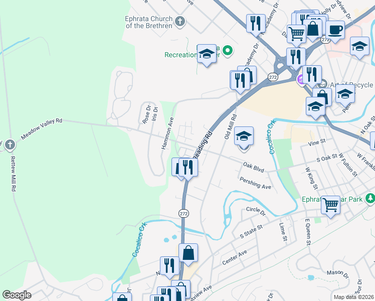 map of restaurants, bars, coffee shops, grocery stores, and more near 247 South Reading Road in Ephrata