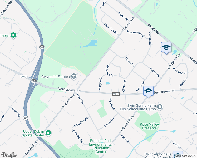 map of restaurants, bars, coffee shops, grocery stores, and more near 1619 Morgan Drive in Ambler