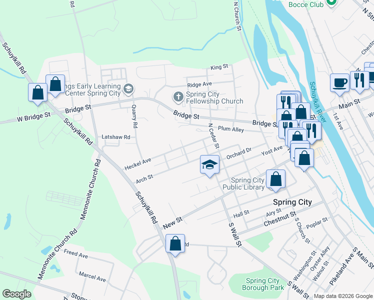 map of restaurants, bars, coffee shops, grocery stores, and more near 538 Heckel Avenue in Spring City