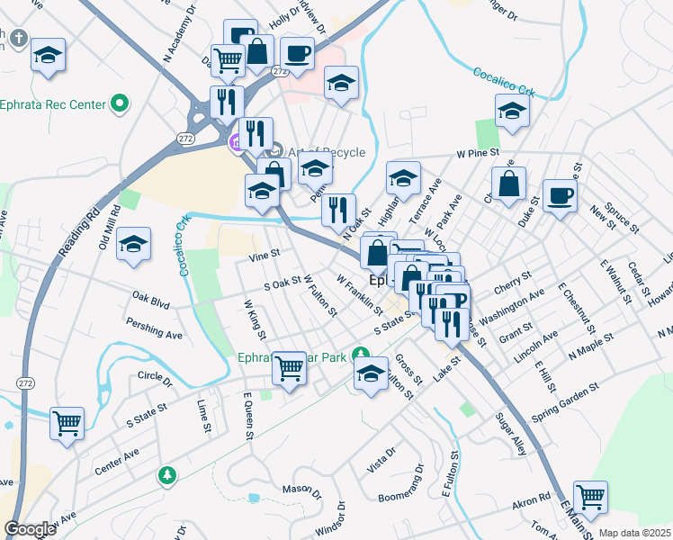 map of restaurants, bars, coffee shops, grocery stores, and more near 241 West Franklin Street in Ephrata