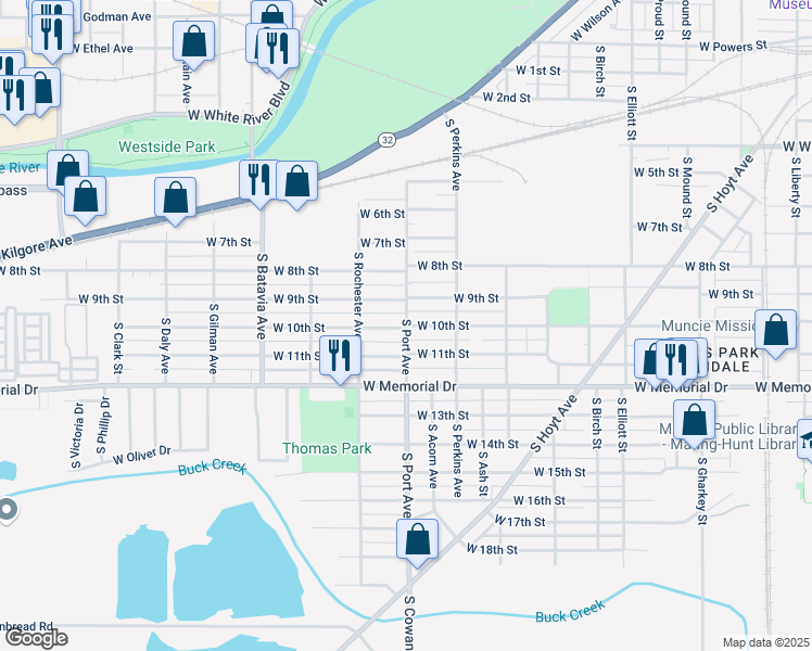 map of restaurants, bars, coffee shops, grocery stores, and more near 1699 South Port Avenue in Muncie