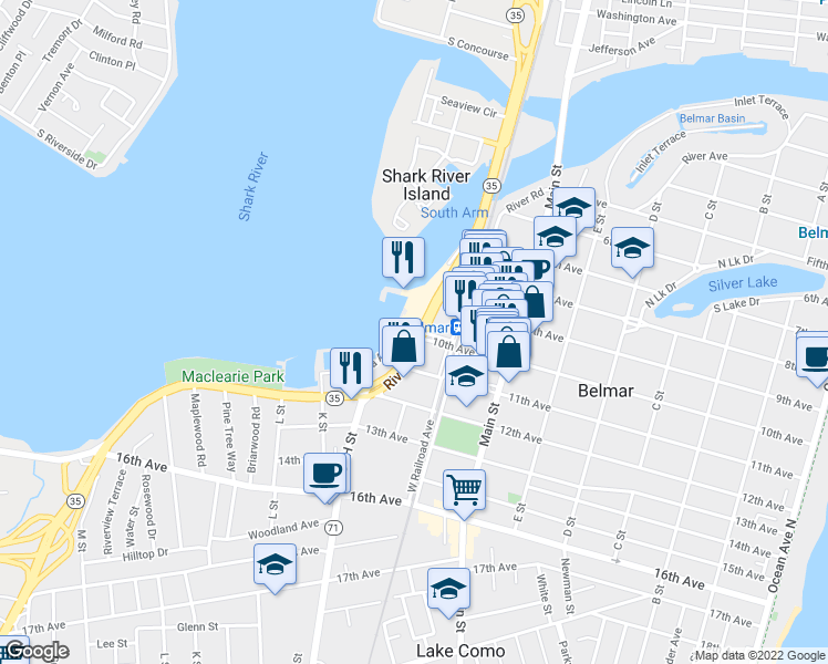 map of restaurants, bars, coffee shops, grocery stores, and more near New Jersey 35 in Belmar