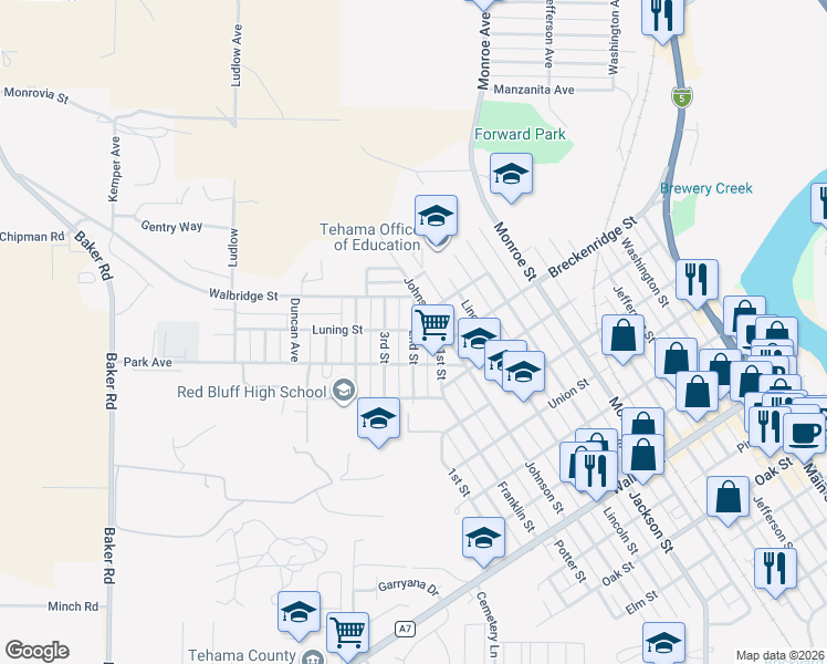 map of restaurants, bars, coffee shops, grocery stores, and more near 1455 2nd Street in Red Bluff