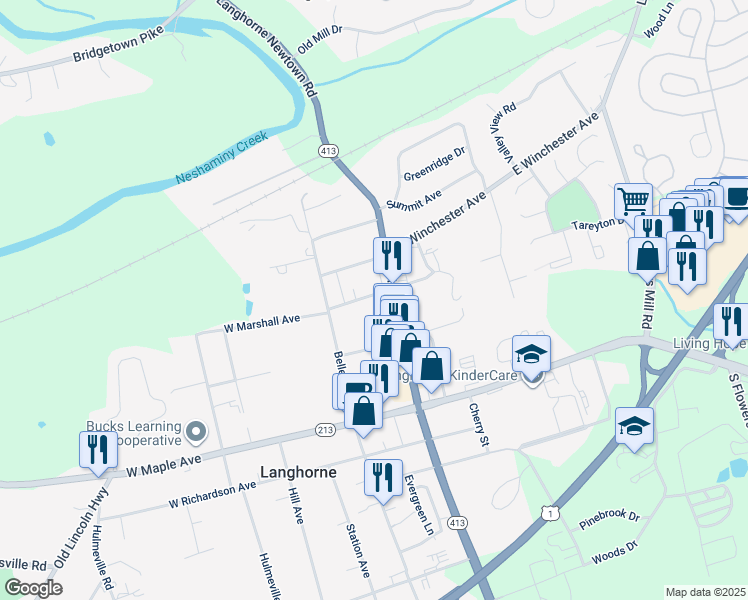map of restaurants, bars, coffee shops, grocery stores, and more near 144 East Marshall Avenue in Langhorne