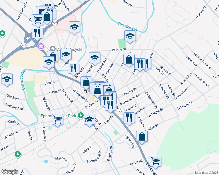 map of restaurants, bars, coffee shops, grocery stores, and more near 25 West Locust Street in Ephrata