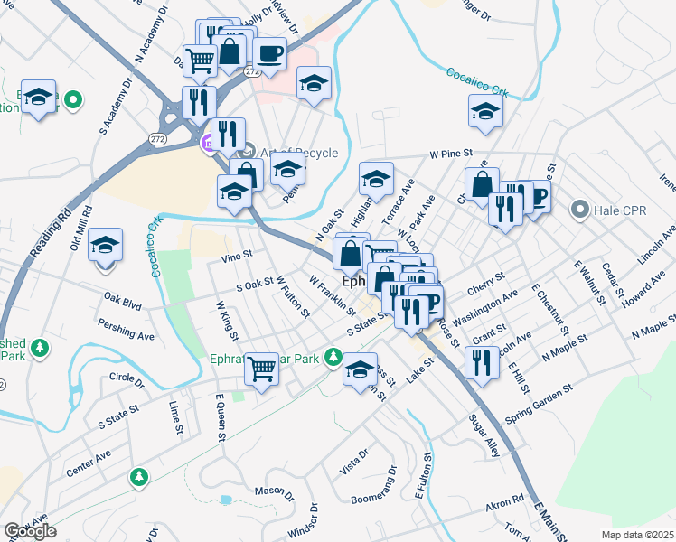 map of restaurants, bars, coffee shops, grocery stores, and more near 226 West Main Street in Ephrata