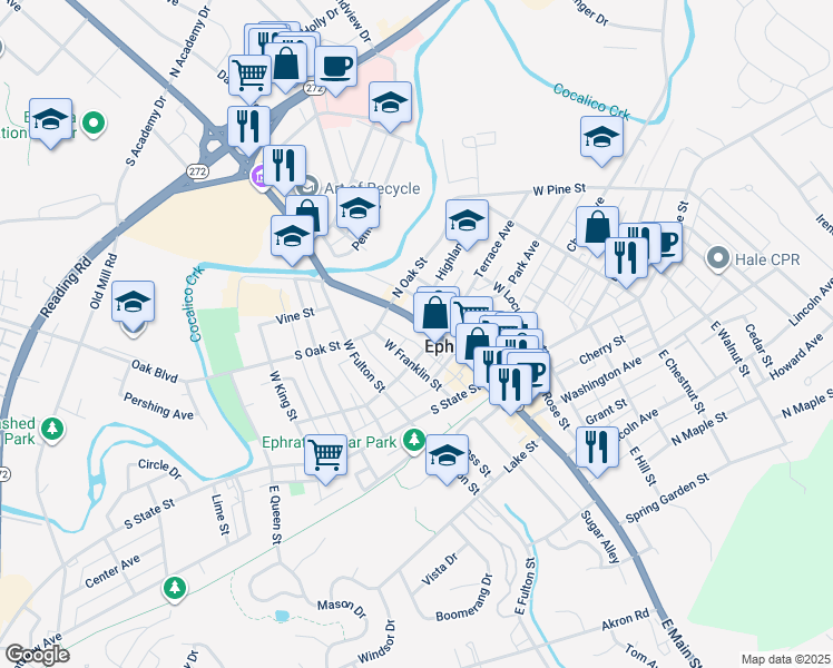 map of restaurants, bars, coffee shops, grocery stores, and more near 226 West Main Street in Ephrata