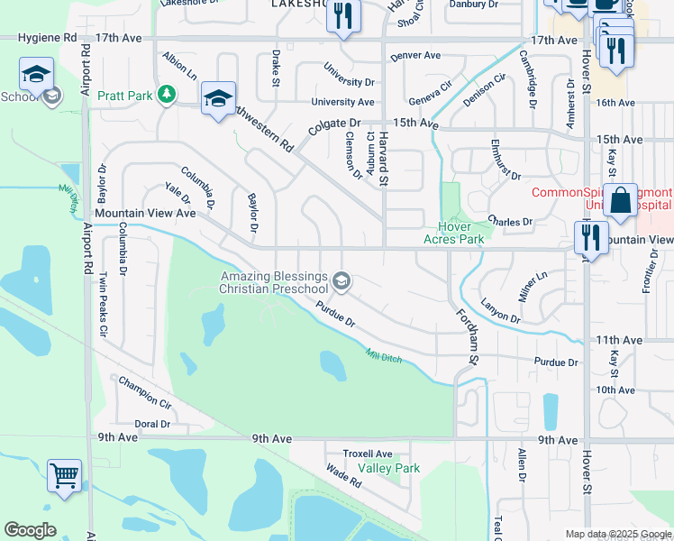 map of restaurants, bars, coffee shops, grocery stores, and more near 1211 Princeton Court in Longmont