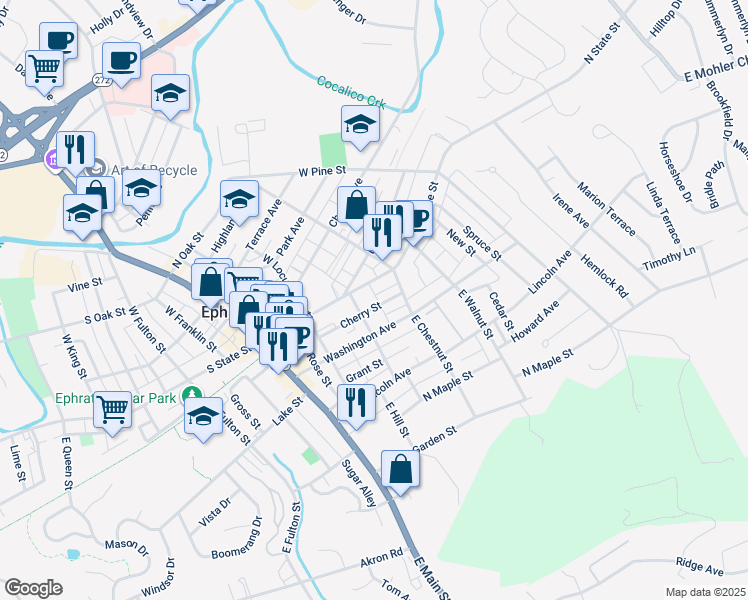 map of restaurants, bars, coffee shops, grocery stores, and more near 222 Cherry Street in Ephrata