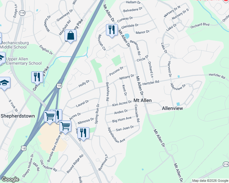 map of restaurants, bars, coffee shops, grocery stores, and more near 403 Berkshire Road in Mechanicsburg