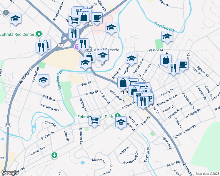 map of restaurants, bars, coffee shops, grocery stores, and more near 241 West Franklin Street in Ephrata