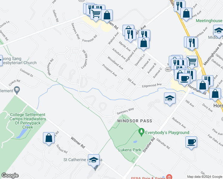 map of restaurants, bars, coffee shops, grocery stores, and more near 11 Log Pond Drive in Horsham