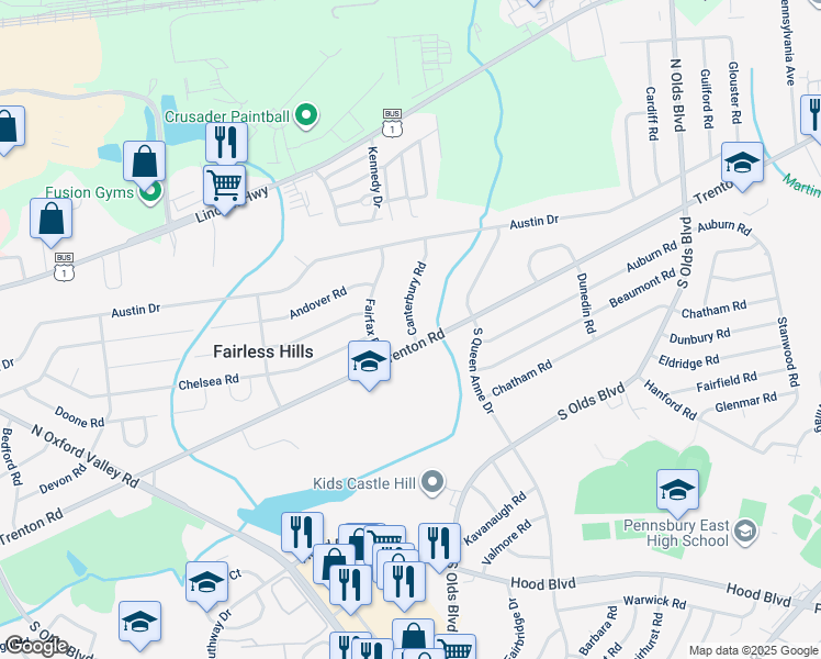 map of restaurants, bars, coffee shops, grocery stores, and more near 113 Canterbury Road in Fairless Hills