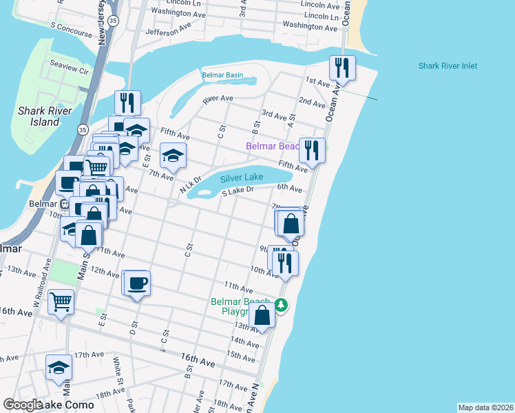 map of restaurants, bars, coffee shops, grocery stores, and more near 213 7th Avenue in Belmar