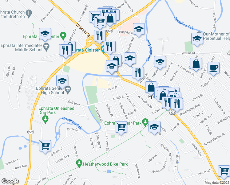 map of restaurants, bars, coffee shops, grocery stores, and more near 318 West Sunset Avenue in Ephrata