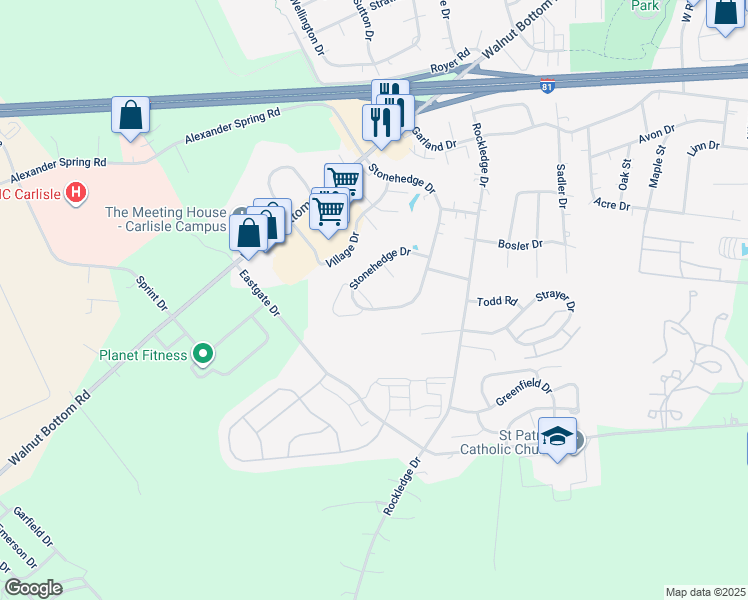 map of restaurants, bars, coffee shops, grocery stores, and more near 206 Thorncrest Drive in Carlisle