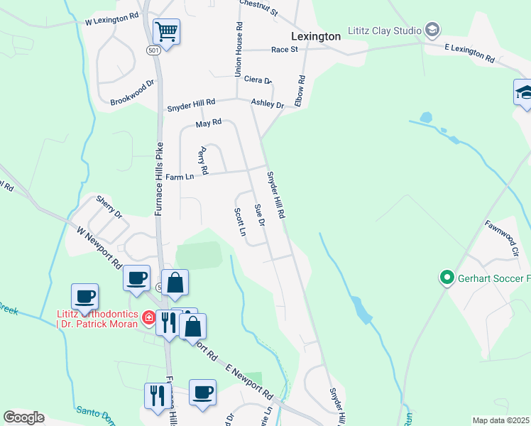 map of restaurants, bars, coffee shops, grocery stores, and more near 801 Sue Drive in Lititz