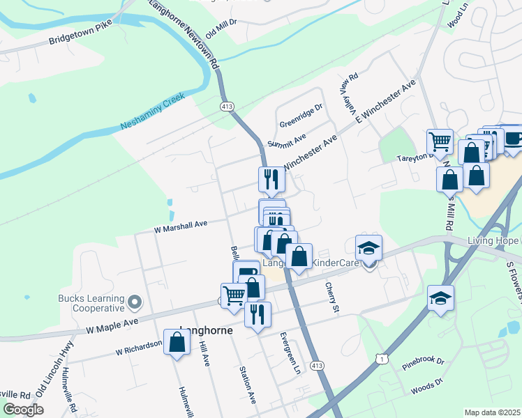map of restaurants, bars, coffee shops, grocery stores, and more near 144 East Marshall Avenue in Langhorne