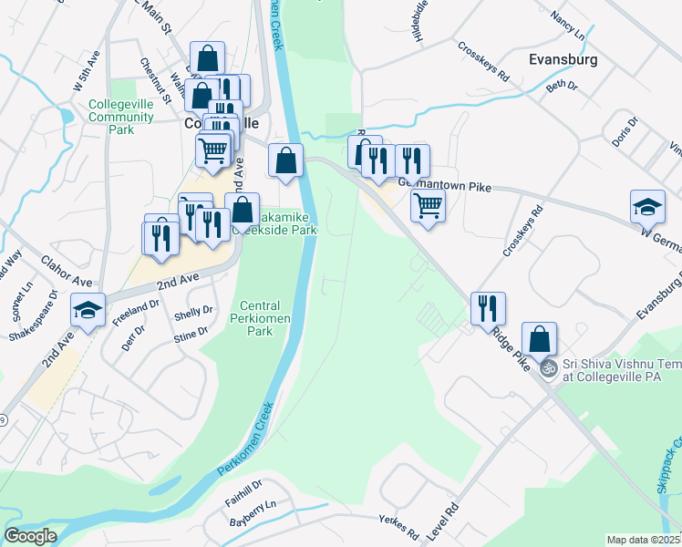 map of restaurants, bars, coffee shops, grocery stores, and more near 1 Pechins Mill Road in Collegeville