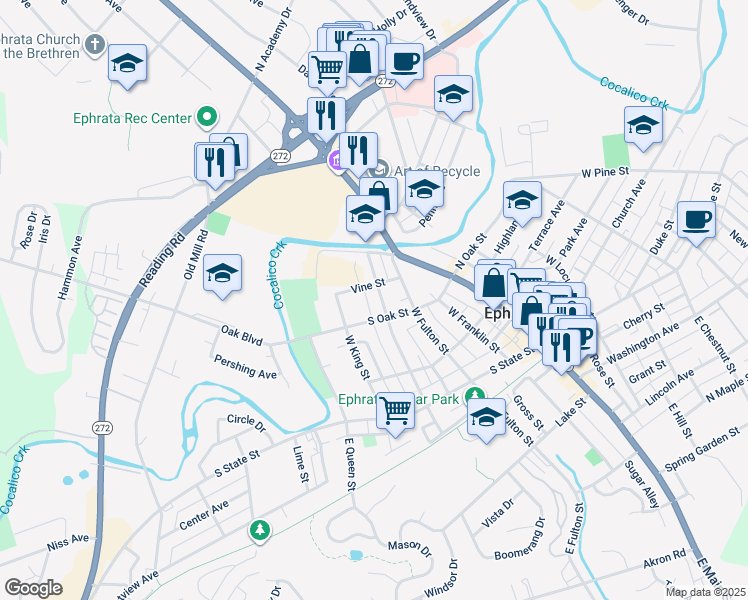 map of restaurants, bars, coffee shops, grocery stores, and more near 320 West Sunset Avenue in Ephrata
