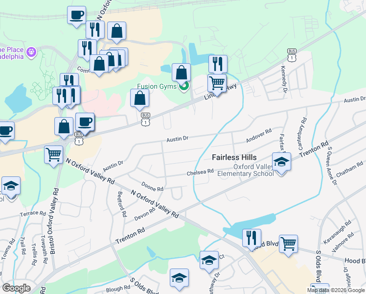 map of restaurants, bars, coffee shops, grocery stores, and more near 325 Andover Road in Fairless Hills