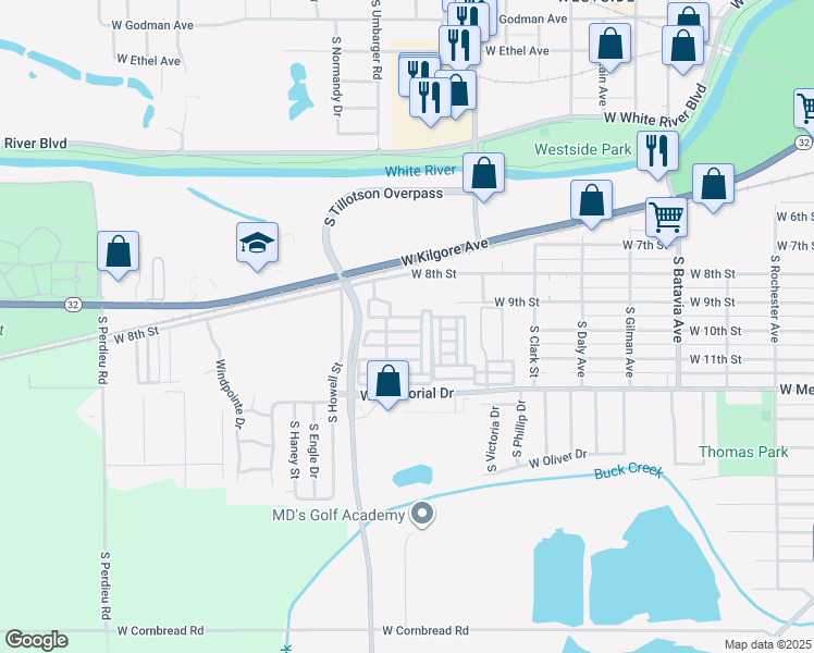 map of restaurants, bars, coffee shops, grocery stores, and more near 2400 West Kilgore Avenue in Muncie