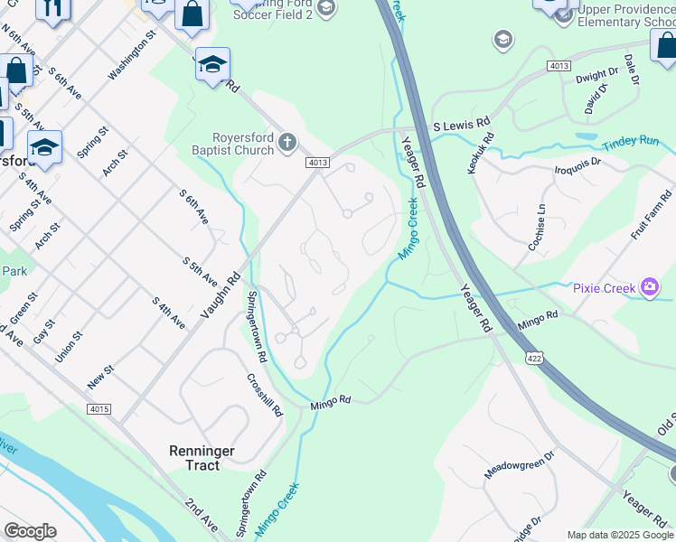 map of restaurants, bars, coffee shops, grocery stores, and more near 130 Providence Forge Road in Royersford