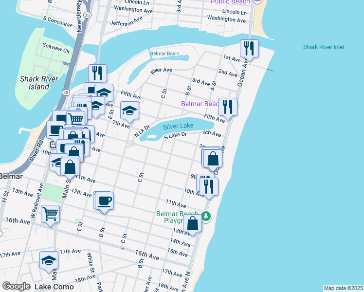 map of restaurants, bars, coffee shops, grocery stores, and more near 213 7th Avenue in Belmar