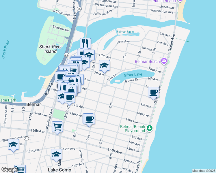 map of restaurants, bars, coffee shops, grocery stores, and more near 413 8th Avenue in Belmar