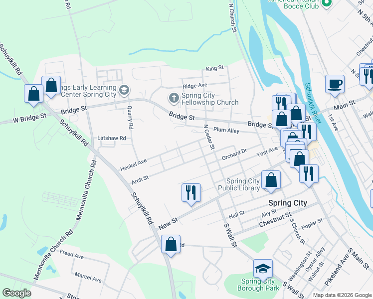 map of restaurants, bars, coffee shops, grocery stores, and more near 538 Heckel Avenue in Spring City