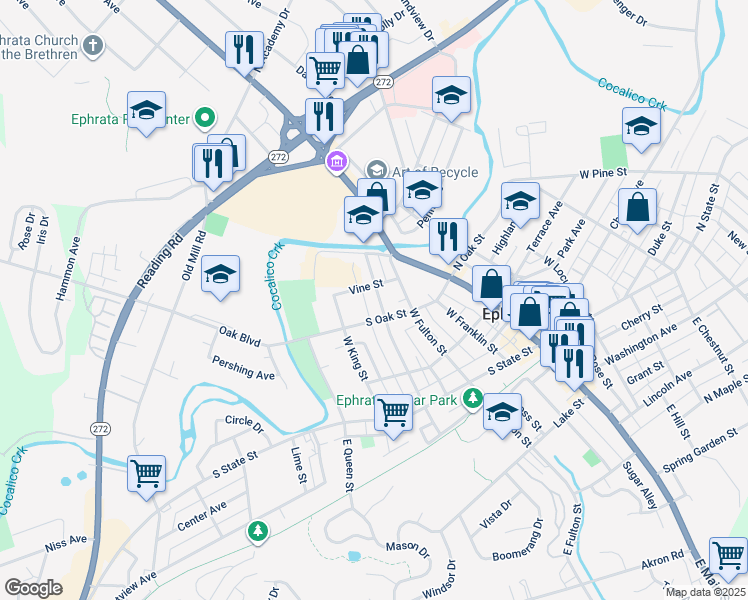 map of restaurants, bars, coffee shops, grocery stores, and more near 320 West Sunset Avenue in Ephrata