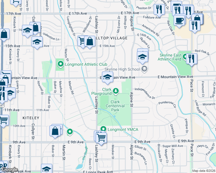 map of restaurants, bars, coffee shops, grocery stores, and more near 233 East Mountain View Avenue in Longmont
