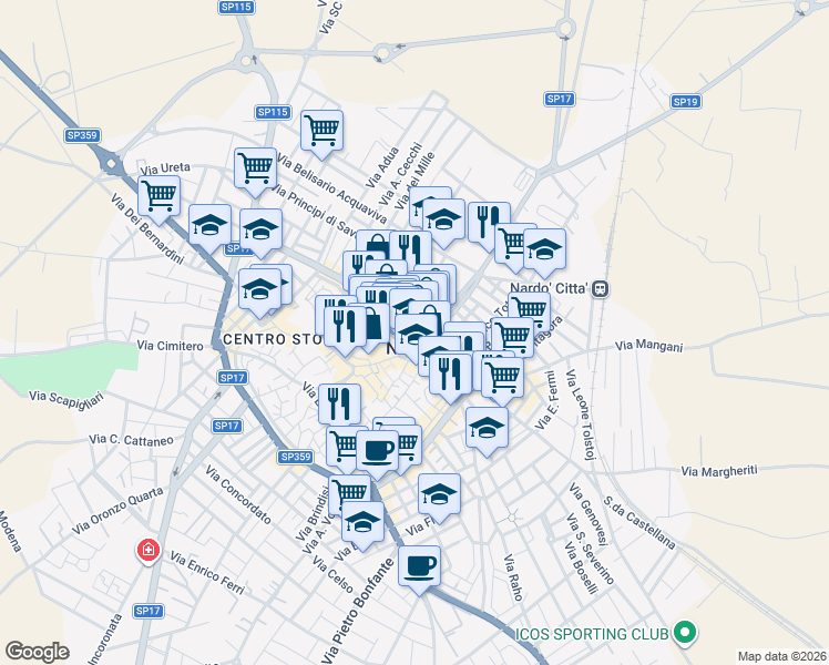 map of restaurants, bars, coffee shops, grocery stores, and more near in Nardò