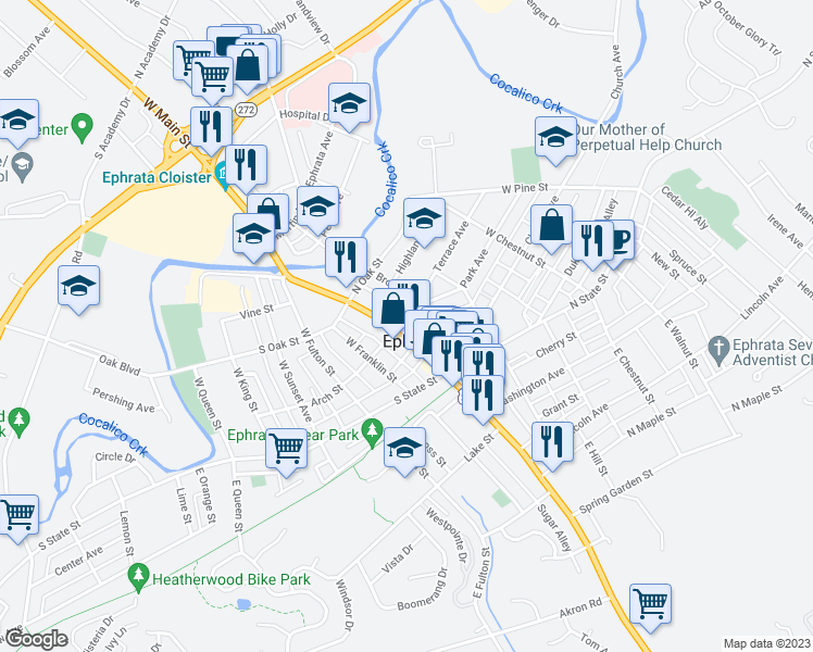 map of restaurants, bars, coffee shops, grocery stores, and more near 117a West Main Street in Ephrata