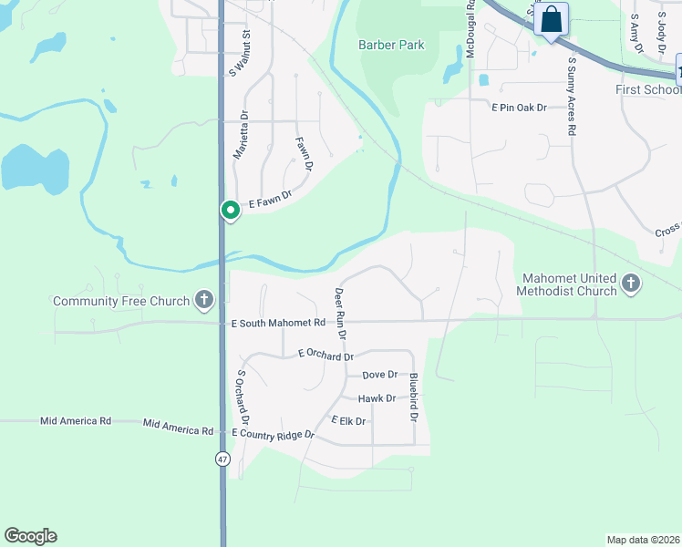 map of restaurants, bars, coffee shops, grocery stores, and more near 504 Deer Run Drive in Mahomet