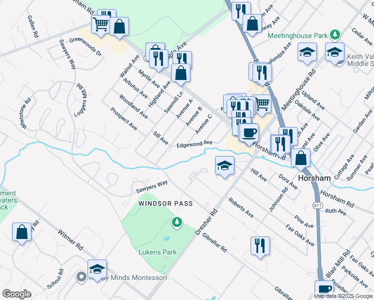 map of restaurants, bars, coffee shops, grocery stores, and more near 403 Edgewood Avenue in Horsham