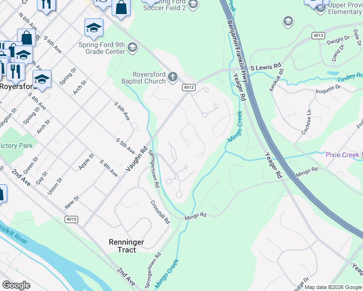 map of restaurants, bars, coffee shops, grocery stores, and more near 56 Providence Forge Road in Royersford