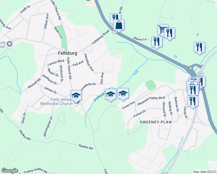 map of restaurants, bars, coffee shops, grocery stores, and more near 340 Comanche Drive in Belle Vernon