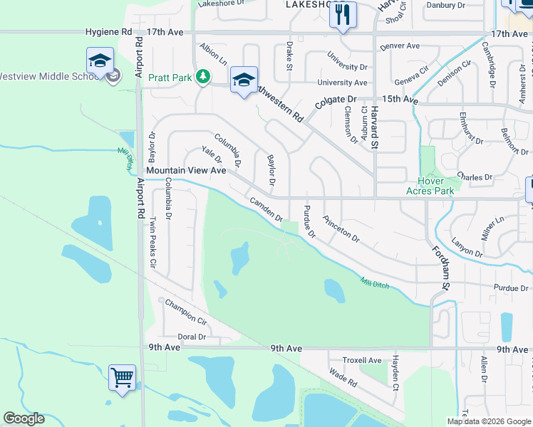 map of restaurants, bars, coffee shops, grocery stores, and more near 3324 Camden Drive in Longmont