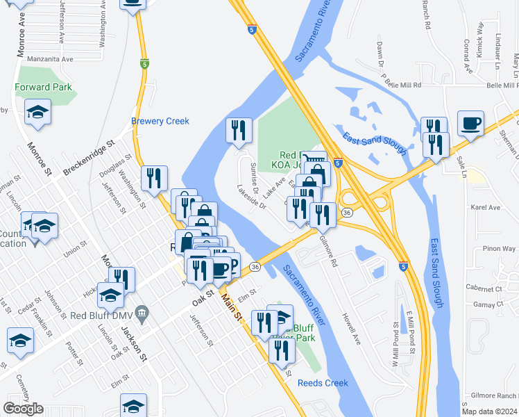 map of restaurants, bars, coffee shops, grocery stores, and more near 825 Lakeside Drive in Red Bluff