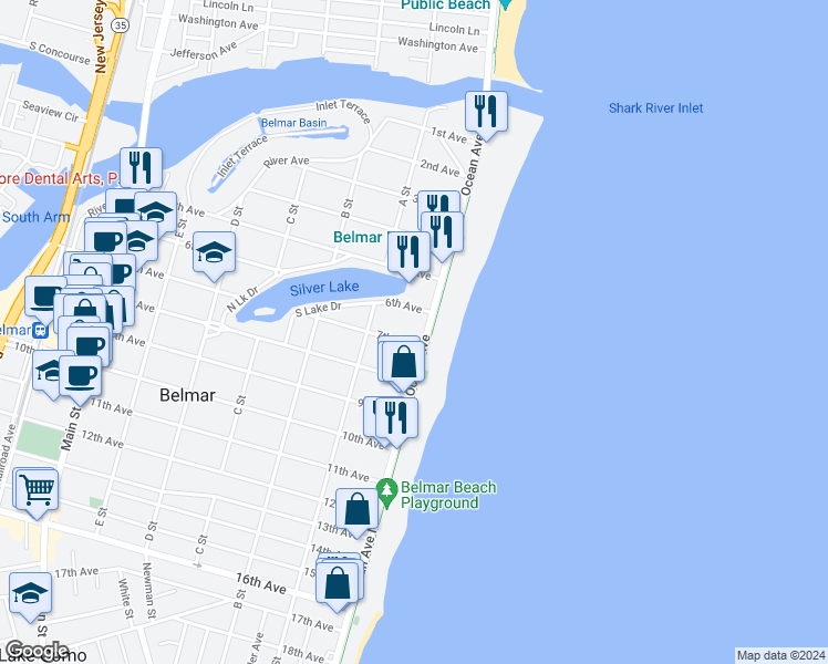map of restaurants, bars, coffee shops, grocery stores, and more near 603 Ocean Avenue in Belmar