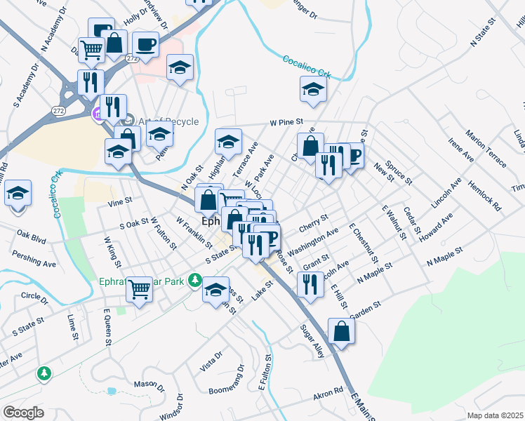 map of restaurants, bars, coffee shops, grocery stores, and more near 25 West Locust Street in Ephrata