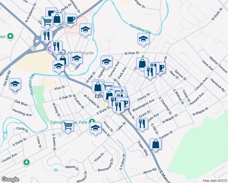 map of restaurants, bars, coffee shops, grocery stores, and more near 40 North Church Street in Ephrata