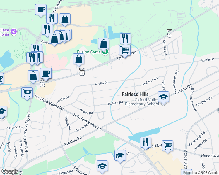 map of restaurants, bars, coffee shops, grocery stores, and more near 325 Andover Road in Fairless Hills