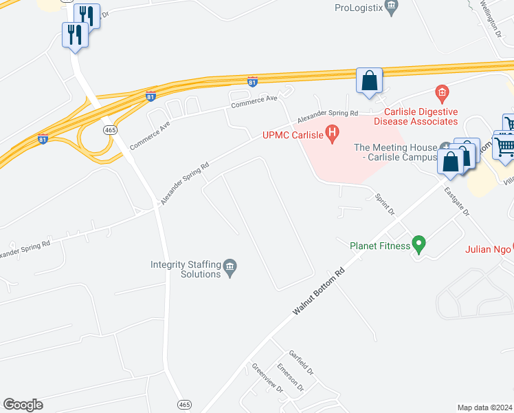 map of restaurants, bars, coffee shops, grocery stores, and more near 597 Alexander Spring Road in Carlisle