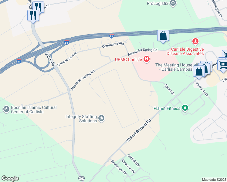 map of restaurants, bars, coffee shops, grocery stores, and more near 597 Alexander Spring Road in Carlisle