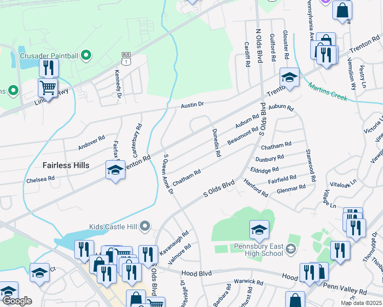 map of restaurants, bars, coffee shops, grocery stores, and more near 618 Auburn Rd in Fairless Hills