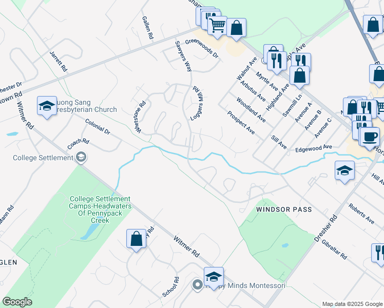 map of restaurants, bars, coffee shops, grocery stores, and more near 25 Brookside Court in Horsham